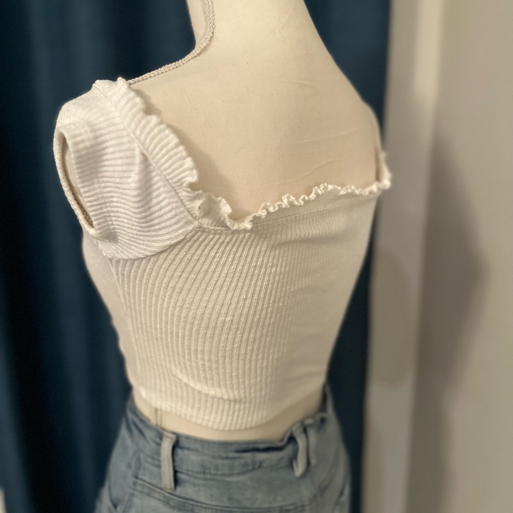 White Crop Top w/ Ruching and Drawstring Size Small - Picture 5 of 6